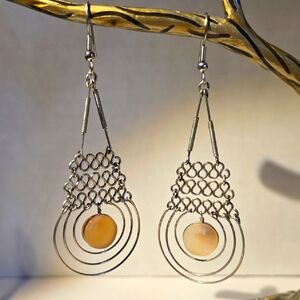 Vntg Silvertone Wirework and Agate Chandelier Earrings EUC 3.5" Drop